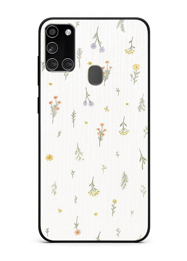 Tiny floral pattern artwork on Samsung A21s glass back cover with scattered blooms.