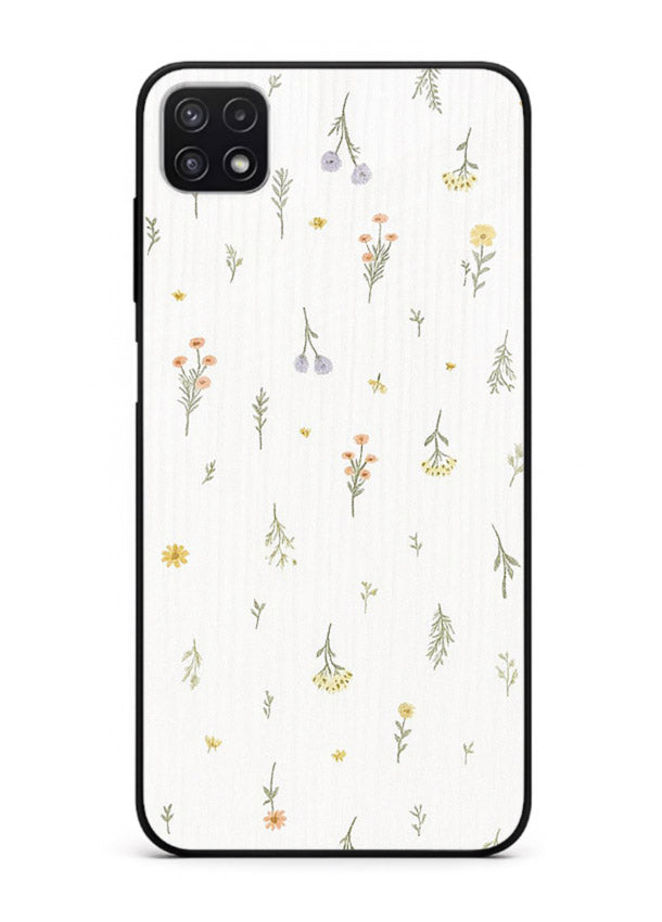 Tiny floral pattern artwork on Samsung F42 5G glass back cover with scattered blooms.