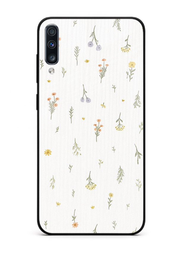 Tiny floral pattern artwork on Samsung A50 glass back cover with scattered blooms.