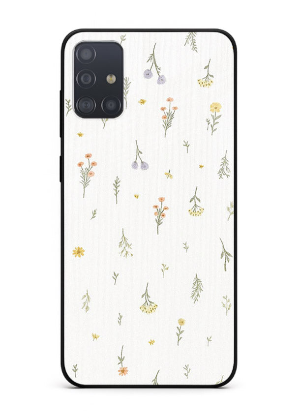 Tiny floral pattern artwork on Samsung A71 glass back cover with scattered blooms.