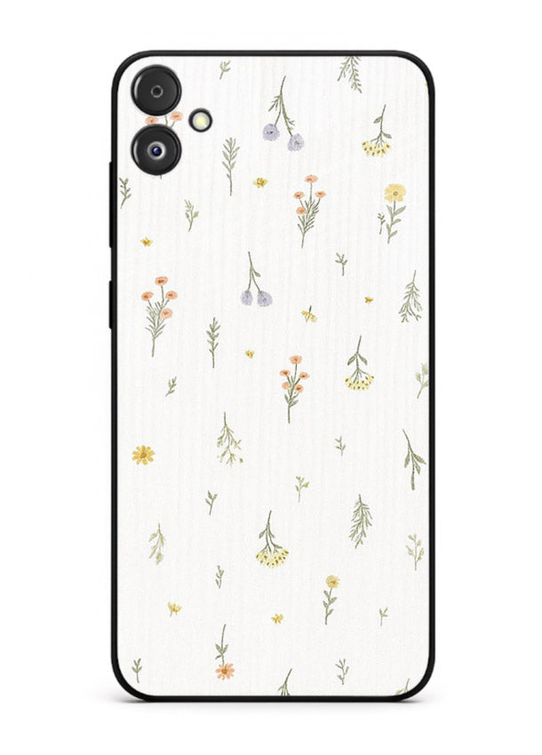 Tiny floral pattern artwork on Samsung F14 5G glass back cover with scattered blooms.