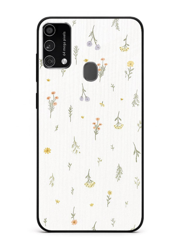 Tiny floral pattern artwork on Samsung F41 glass back cover with scattered blooms.