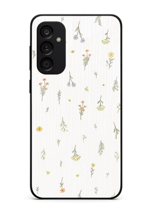 Tiny floral pattern artwork on Samsung A14 5G glass back cover with scattered blooms.
