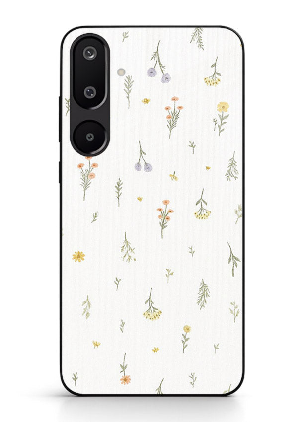 Tiny floral pattern artwork on Samsung M16 5G glass back cover with scattered blooms.
