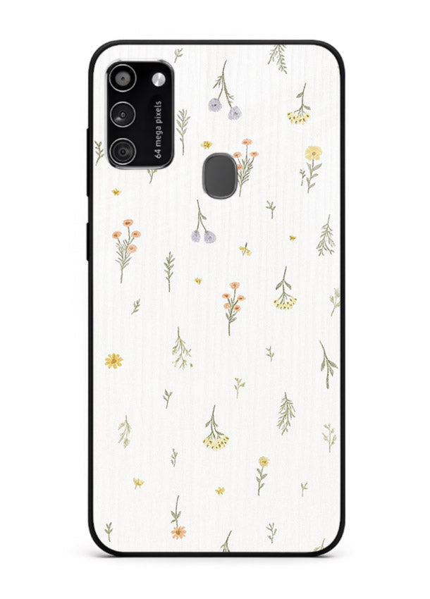 Tiny floral pattern artwork on Samsung M21 glass back cover with scattered blooms.