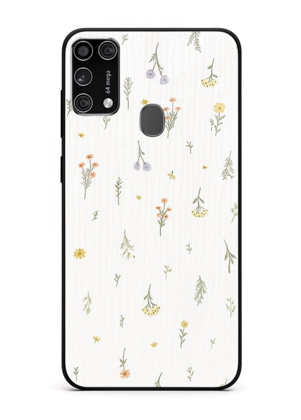 Tiny floral pattern artwork on Samsung M31 Prime glass back cover with scattered blooms.
