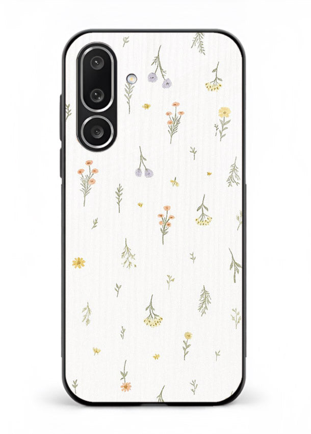 Tiny floral pattern artwork on Samsung M56 5G glass back cover with scattered blooms.