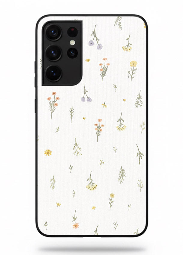 Tiny floral pattern artwork on Samsung S21 Ultra glass back cover with scattered blooms.