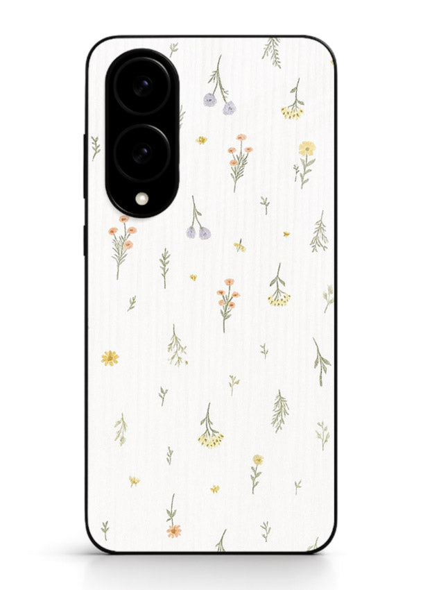 Tiny floral pattern artwork on Samsung S25 Edge glass back cover with scattered blooms.
