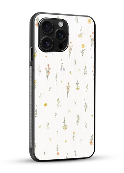 Tiny floral pattern artwork on glossy vibrant premium glass back cover with scattered blooms. - Angle Side