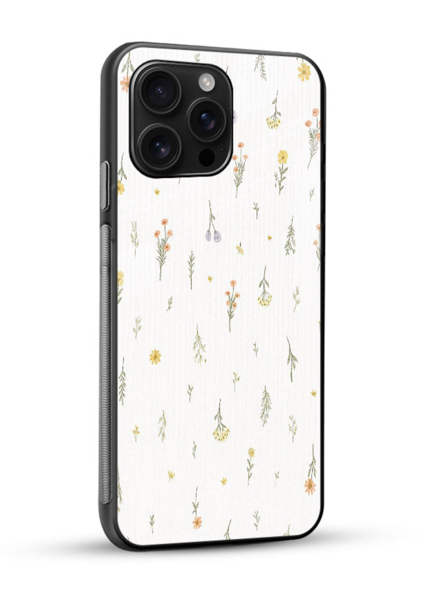 Tiny floral pattern artwork on glossy vibrant premium glass back cover with scattered blooms. - Angle Side