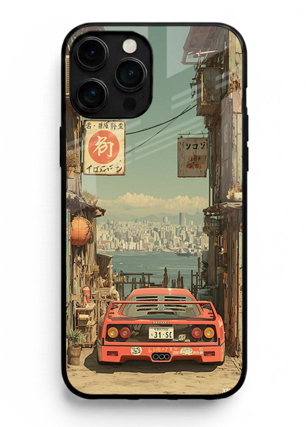 tokyo street car aesthetic art iphone 14 pro max glass cover japanese city scene case