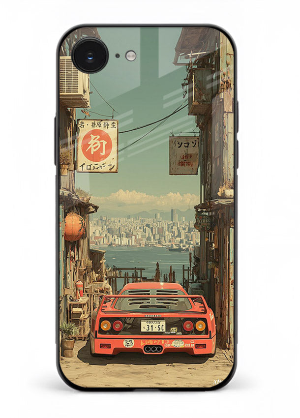 tokyo street car aesthetic art iphone 16e glass cover japanese city scene case