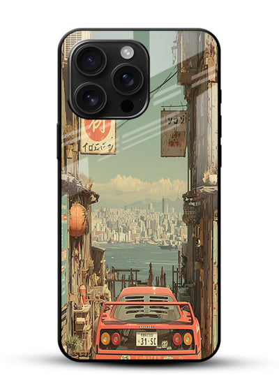 tokyo street car aesthetic art glossy vibrant premium glass cover japanese city scene case - Angle Front