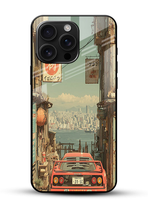 tokyo street car aesthetic art glossy vibrant premium glass cover japanese city scene case - Angle Front