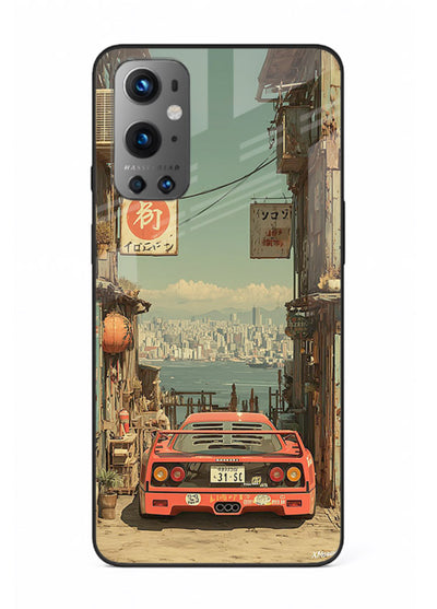 tokyo street car aesthetic art OnePlus 9 glass cover japanese city scene case
