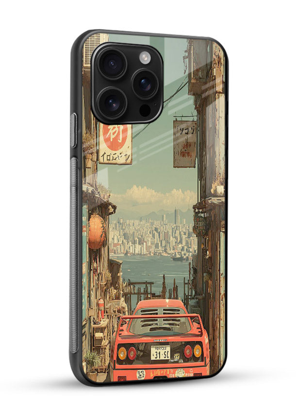 tokyo street car aesthetic art glossy vibrant premium glass cover japanese city scene case - Angle Side