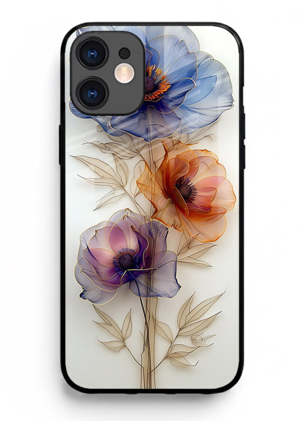 Transparent floral stem artwork on iphone 11 glass back cover with minimal botanical detail.