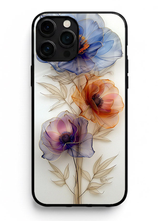 Transparent floral stem artwork on iphone 11 pro max glass back cover with minimal botanical detail.