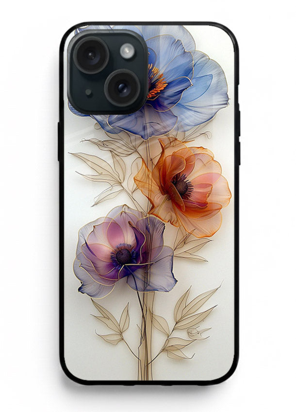 Transparent floral stem artwork on iphone 13 mini glass back cover with minimal botanical detail.