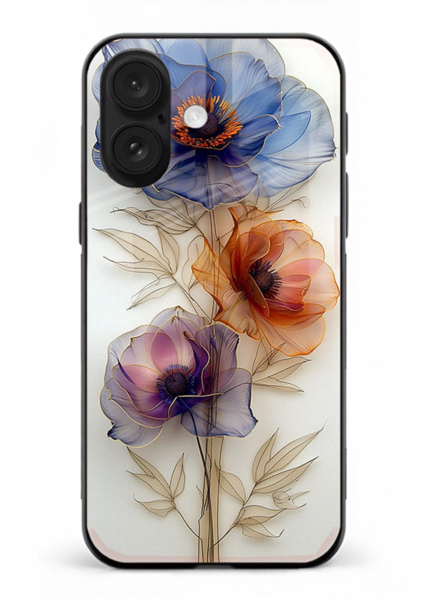 Transparent floral stem artwork on iphone 16 glass back cover with minimal botanical detail.