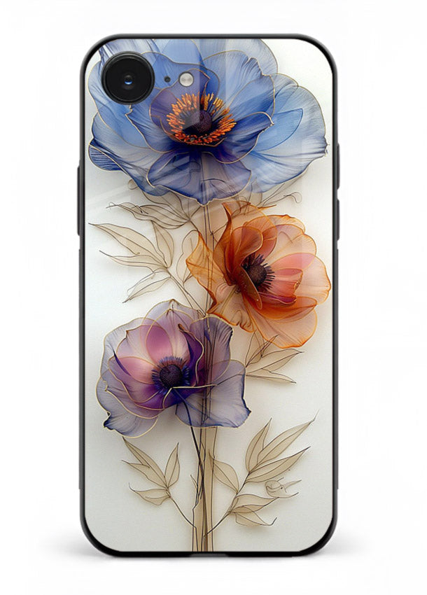 Transparent floral stem artwork on iphone 16e glass back cover with minimal botanical detail.