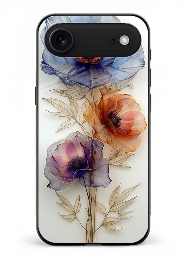 Transparent floral stem artwork on iphone 17 air glass back cover with minimal botanical detail.
