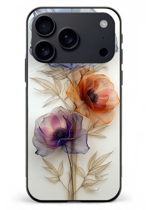 Transparent floral stem artwork on iphone 17 pro max glass back cover with minimal botanical detail.