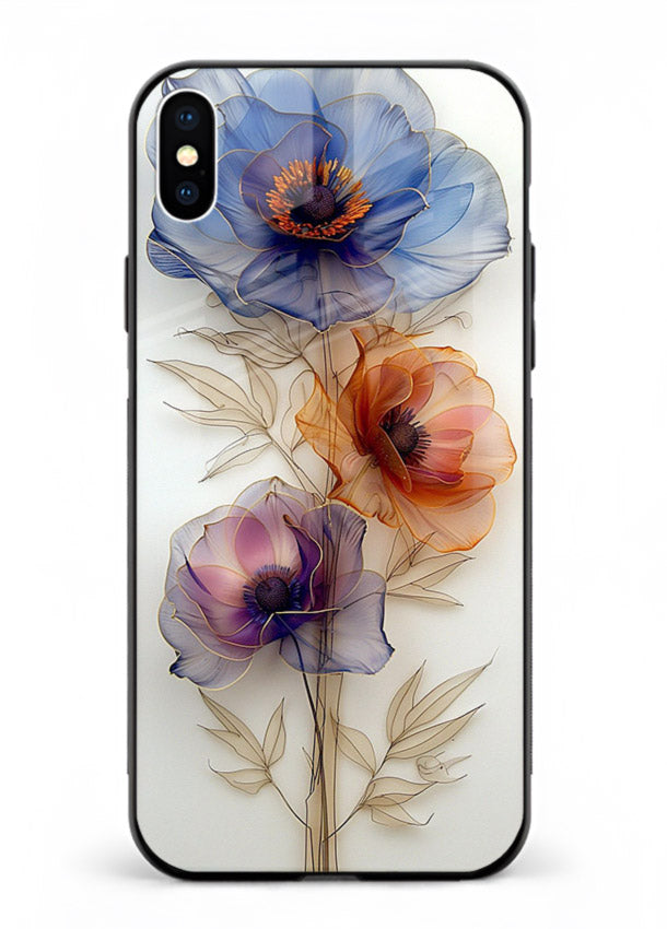 Transparent floral stem artwork on iphone xs max glass back cover with minimal botanical detail.