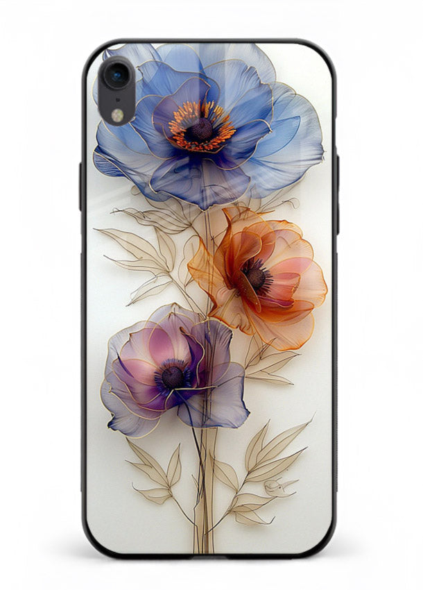 Transparent floral stem artwork on iphone xr glass back cover with minimal botanical detail.