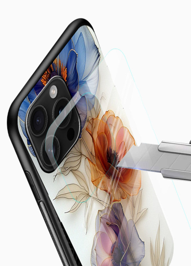 Transparent floral stem artwork on glossy vibrant premium glass back cover with minimal botanical detail. - Angle Blade