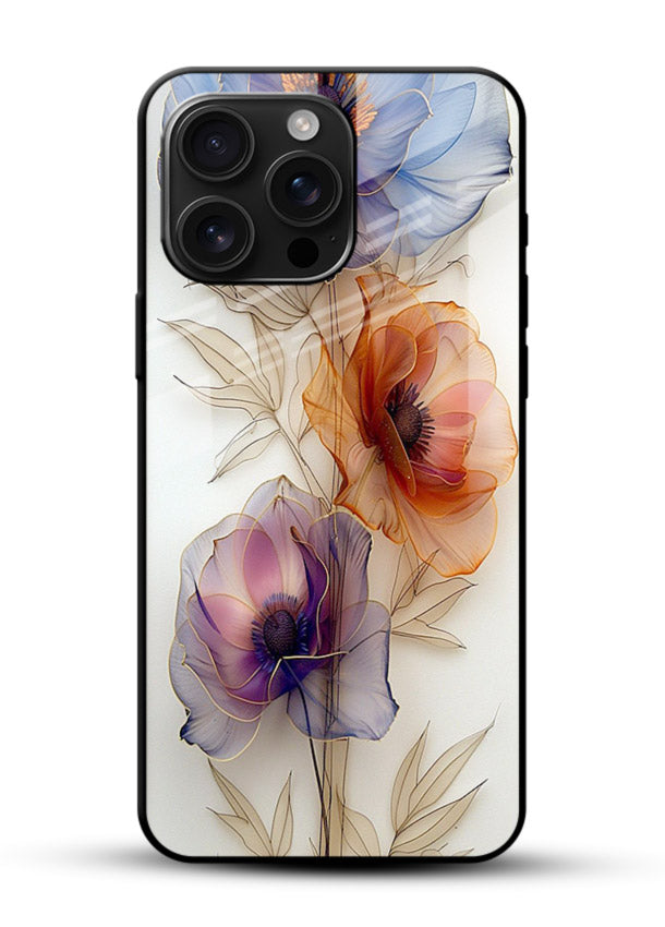 Transparent floral stem artwork on glossy vibrant premium glass back cover with minimal botanical detail. - Angle Front