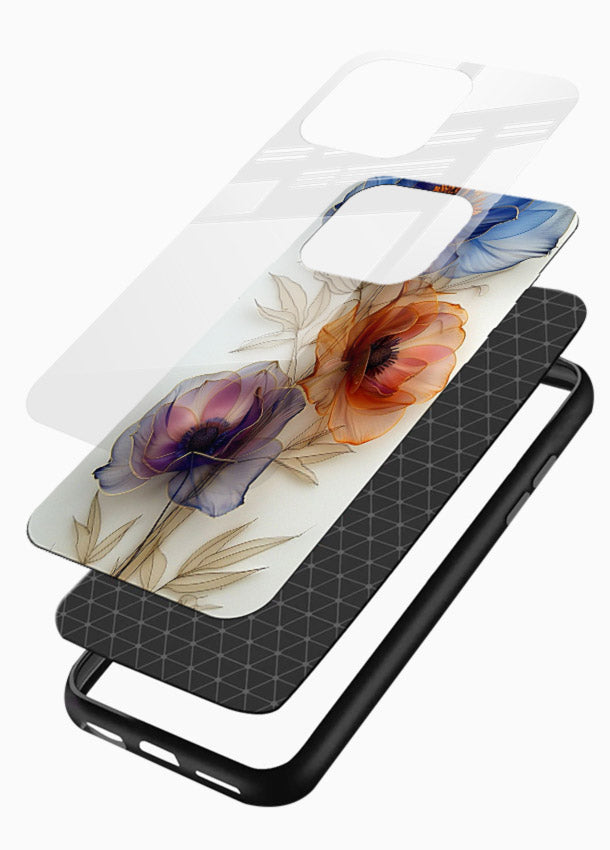 Transparent floral stem artwork on glossy vibrant premium glass back cover with minimal botanical detail. - Angle Layers