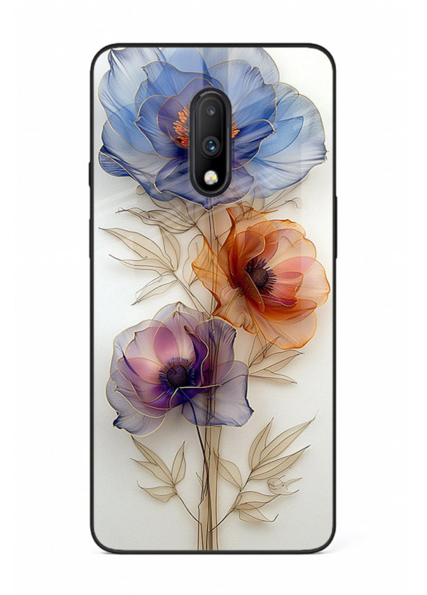 Transparent floral stem artwork on OnePlus 7 glass back cover with minimal botanical detail.