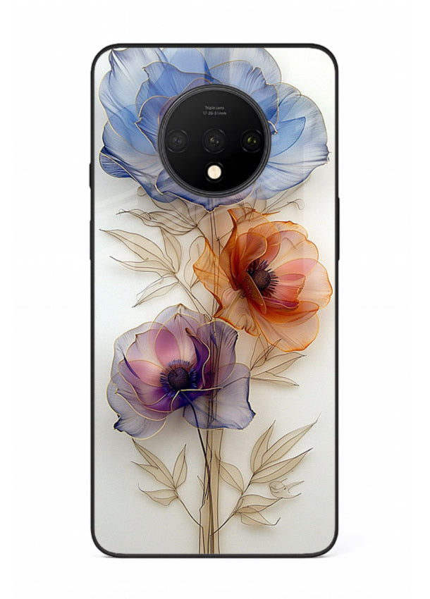 Transparent floral stem artwork on OnePlus 7T glass back cover with minimal botanical detail.