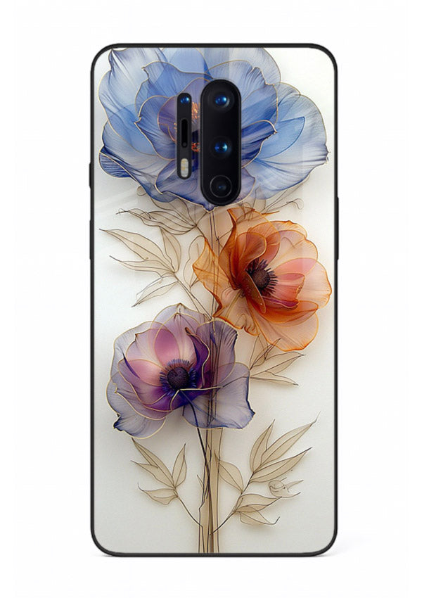 Transparent floral stem artwork on OnePlus 8 Pro glass back cover with minimal botanical detail.