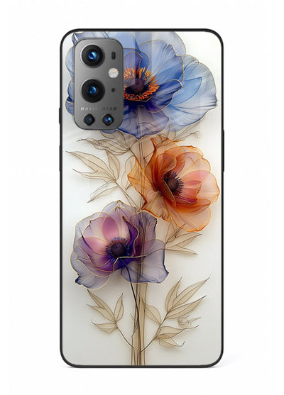 Transparent floral stem artwork on OnePlus 9 glass back cover with minimal botanical detail.
