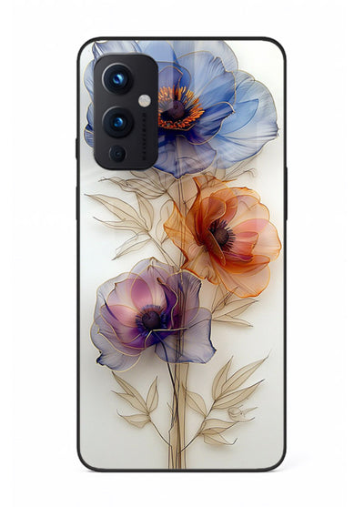Transparent floral stem artwork on OnePlus 9 Pro glass back cover with minimal botanical detail.