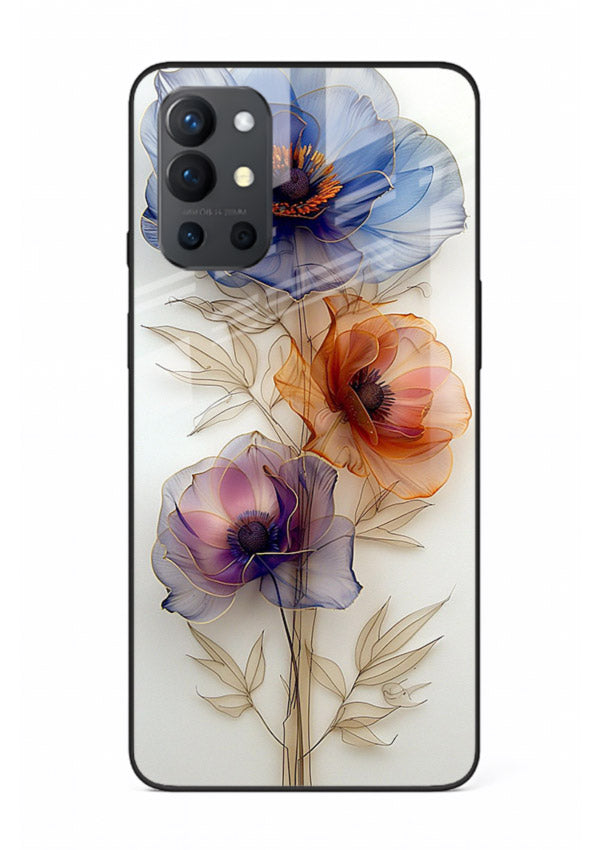Transparent floral stem artwork on OnePlus 9R glass back cover with minimal botanical detail.
