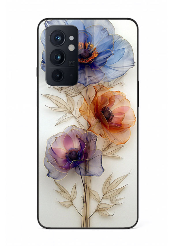 Transparent floral stem artwork on OnePlus 9RT glass back cover with minimal botanical detail.