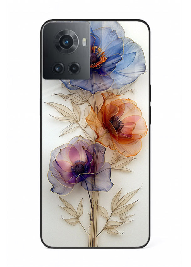 Transparent floral stem artwork on OnePlus 10R glass back cover with minimal botanical detail.