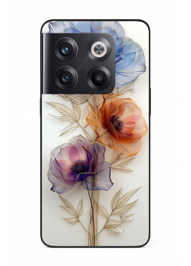 Transparent floral stem artwork on OnePlus 10T glass back cover with minimal botanical detail.