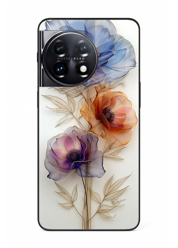Transparent floral stem artwork on OnePlus 11R glass back cover with minimal botanical detail.