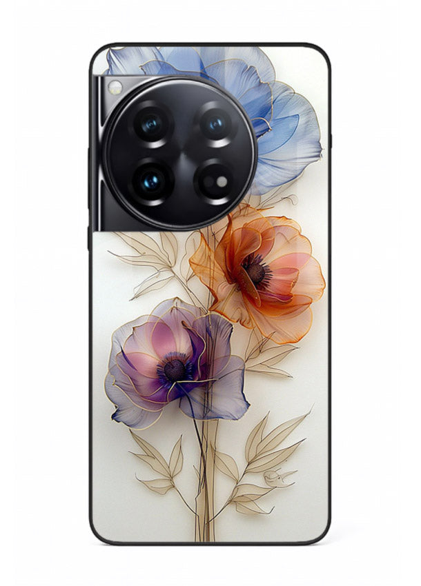 Transparent floral stem artwork on OnePlus 12 glass back cover with minimal botanical detail.
