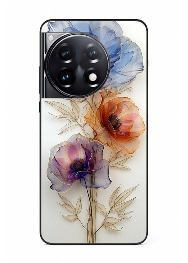 Transparent floral stem artwork on OnePlus 12R glass back cover with minimal botanical detail.