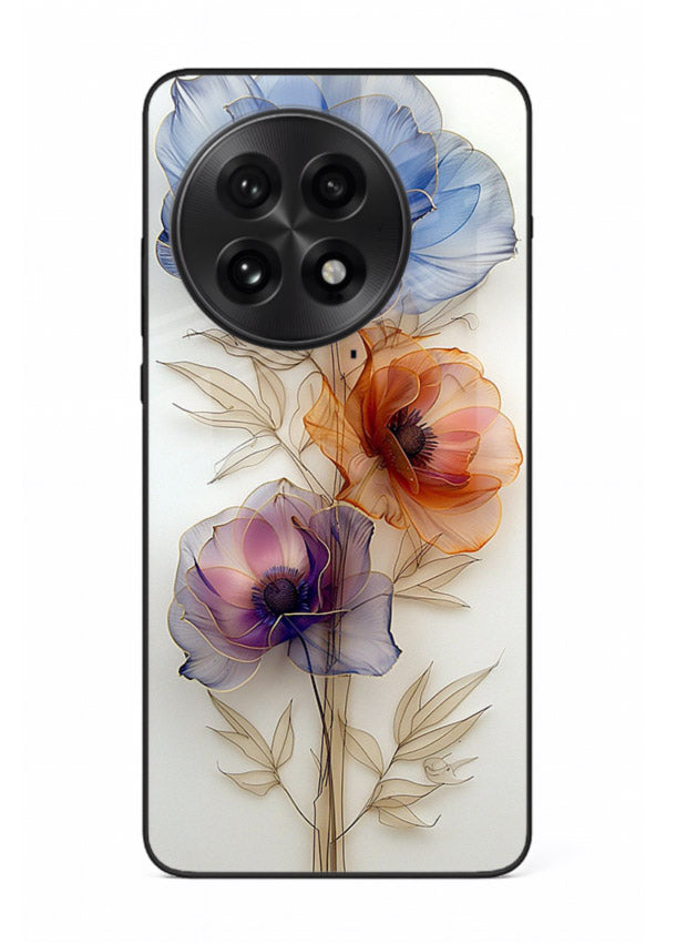 Transparent floral stem artwork on OnePlus 13 glass back cover with minimal botanical detail.