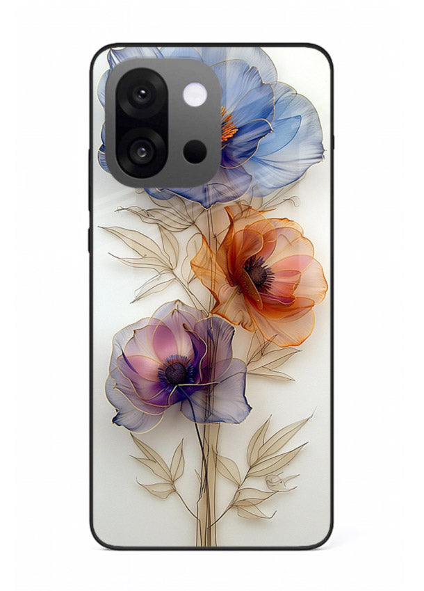 Transparent floral stem artwork on OnePlus 13s glass back cover with minimal botanical detail.