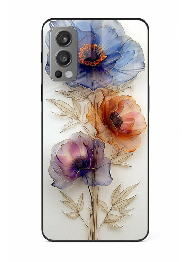 Transparent floral stem artwork on OnePlus Nord 2 glass back cover with minimal botanical detail.