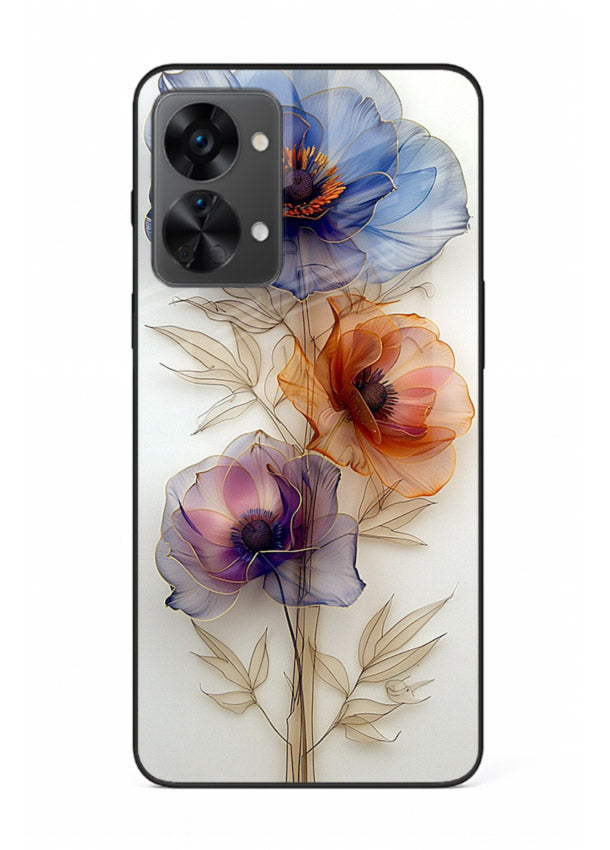 Transparent floral stem artwork on OnePlus Nord 2T glass back cover with minimal botanical detail.