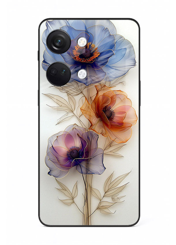 Transparent floral stem artwork on OnePlus Nord 3 glass back cover with minimal botanical detail.